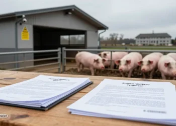 Symbolisches Titelbild zum Schweineskandal Märkischer Kreis: leerer Antragstisch vor Schweinestall steht für politischen Rückzug im Tierschutz.