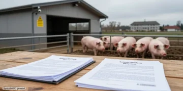Wenn der Schweineskandal Märkischer Kreis politisch verpufft – wie die Grünen ihren eigenen Tierschutz-Antrag kassierten 21 Symbolisches Titelbild zum Schweineskandal Märkischer Kreis: leerer Antragstisch vor Schweinestall steht für politischen Rückzug im Tierschutz.