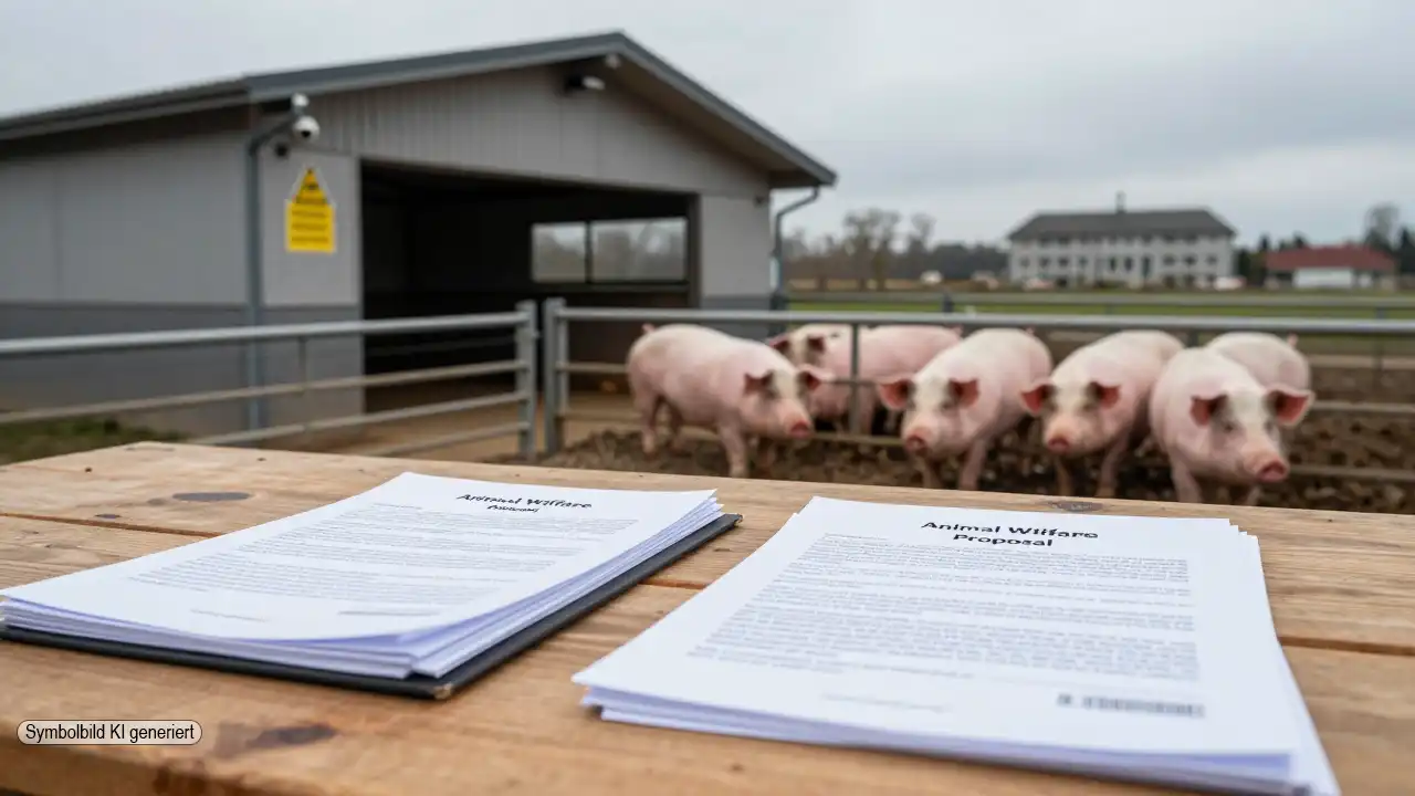Symbolisches Titelbild zum Schweineskandal Märkischer Kreis: leerer Antragstisch vor Schweinestall steht für politischen Rückzug im Tierschutz.