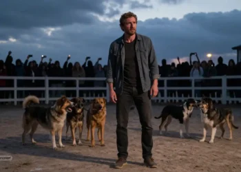 Verunsicherter Hundetrainer steht mit seinen Hunden in einer leeren Arena bei Dämmerung während im Hintergrund bedrohliche Schatten auf den Tierquälerei-Vorwurf Hundetrainer und öffentliche Anfeindungen hinweisen