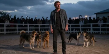 Tierquälerei-Vorwurf Hundetrainer: Wenn Vorverurteilung Leben zerstört 22 Verunsicherter Hundetrainer steht mit seinen Hunden in einer leeren Arena bei Dämmerung während im Hintergrund bedrohliche Schatten auf den Tierquälerei-Vorwurf Hundetrainer und öffentliche Anfeindungen hinweisen