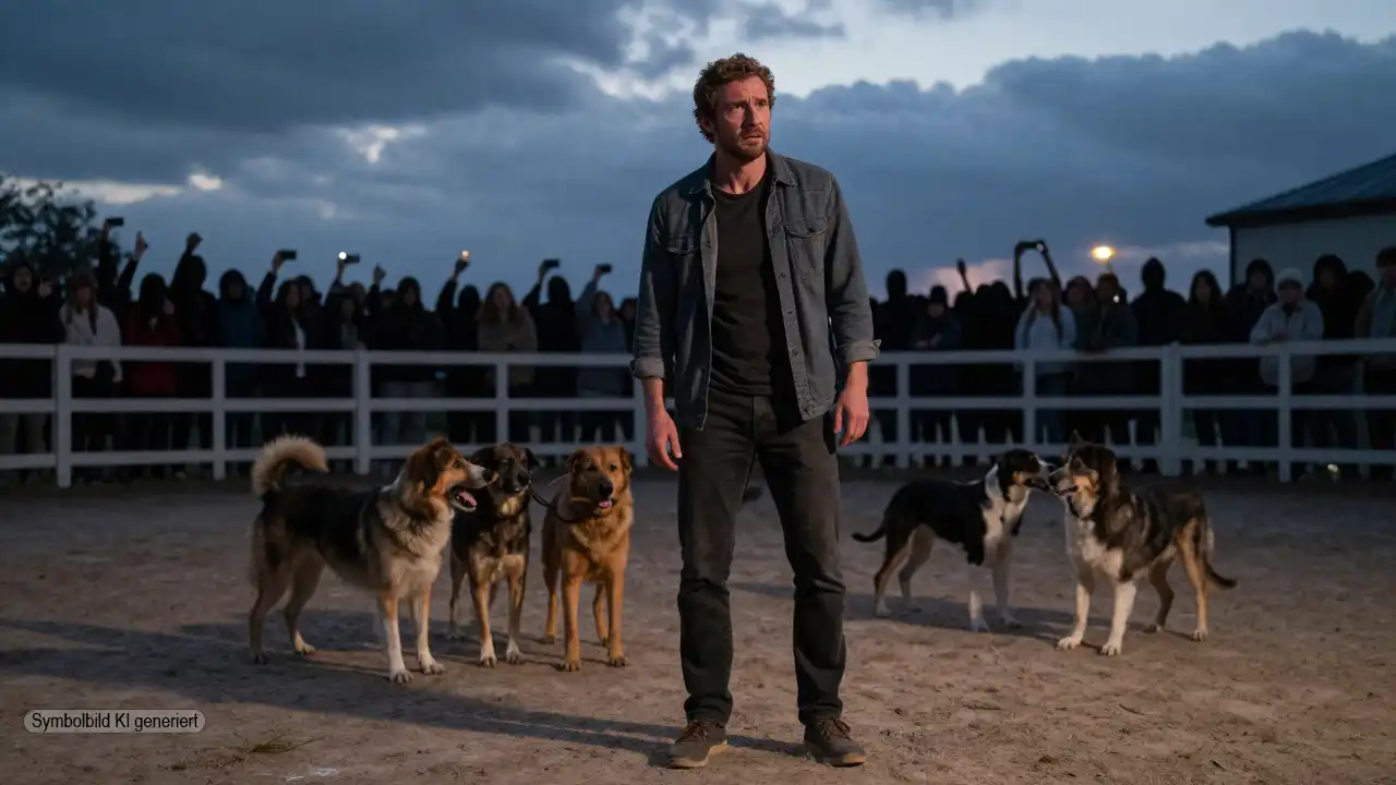 Verunsicherter Hundetrainer steht mit seinen Hunden in einer leeren Arena bei Dämmerung während im Hintergrund bedrohliche Schatten auf den Tierquälerei-Vorwurf Hundetrainer und öffentliche Anfeindungen hinweisen