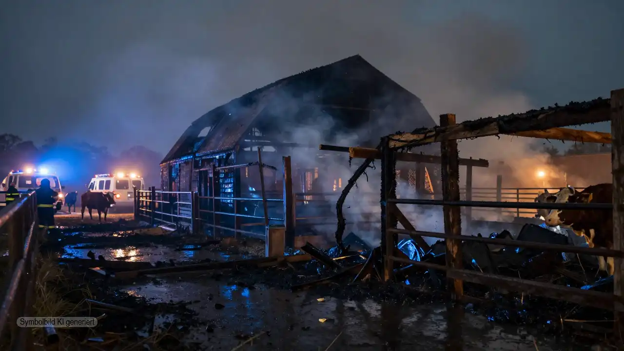 Nach einem nächtlichen Stallbrand stehen Feuerwehrfahrzeuge und Rauch über einem zerstörten Rinderstall in Hechingen, Symbolbild zur PETA Strafanzeige Stallbrand