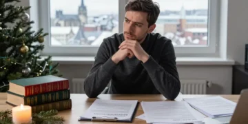 Weihnachtliche Szene mit Kerze, Dokumenten und Büchern als Symbol für die sachliche Arbeit von GERATI zum Jahresausklang.