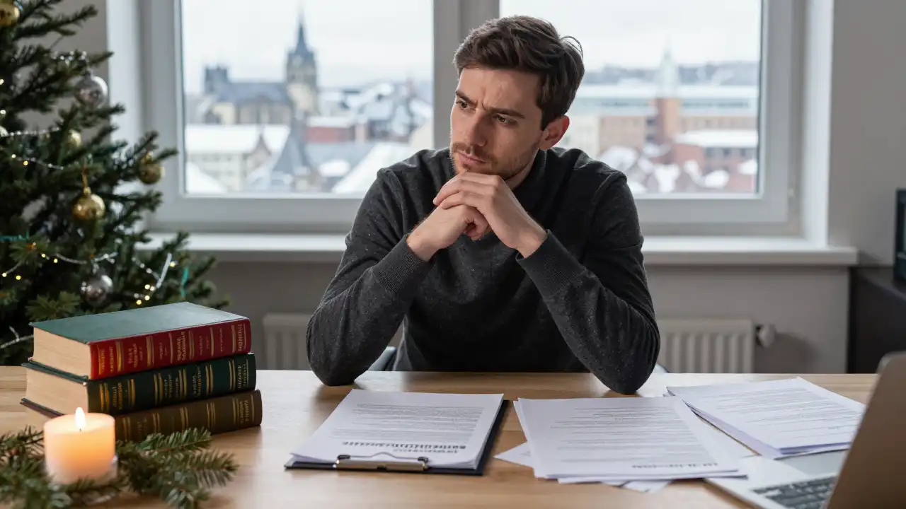 Weihnachtliche Szene mit Kerze, Dokumenten und Büchern als Symbol für die sachliche Arbeit von GERATI zum Jahresausklang.