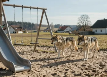 Wieder Horrormeldung: Wölfe Spielplatz Bayern 25 Zwei Wölfe bewegen sich am helllichten Tag über einen leeren Spielplatz in Bayern und verdeutlichen die Gefahr der Wölfe Spielplatz Bayern