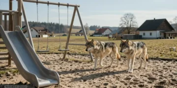 Zwei Wölfe bewegen sich am helllichten Tag über einen leeren Spielplatz in Bayern und verdeutlichen die Gefahr der Wölfe Spielplatz Bayern