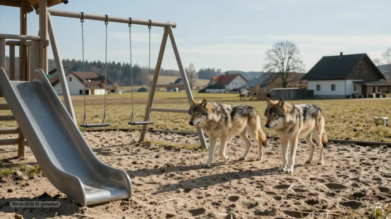 Zwei Wölfe bewegen sich am helllichten Tag über einen leeren Spielplatz in Bayern und verdeutlichen die Gefahr der Wölfe Spielplatz Bayern