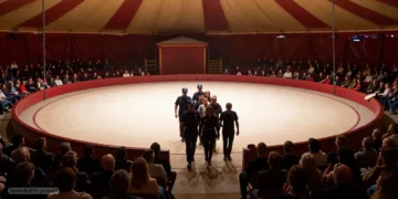 Sicherheitskräfte führen Störer aus der hell erleuchteten Manege, während Zuschauer im Hintergrund reagieren und der Circus Krone Protest sichtbar beendet wird
