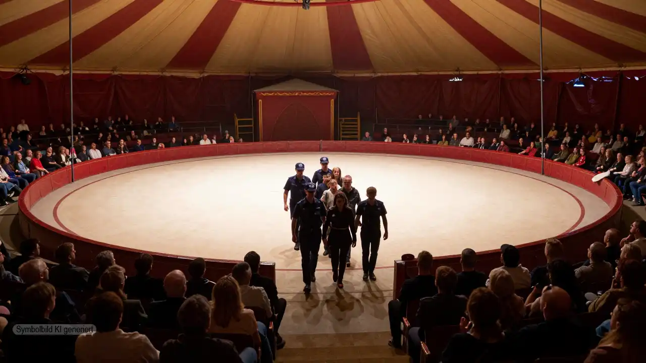 Sicherheitskräfte führen Störer aus der hell erleuchteten Manege, während Zuschauer im Hintergrund reagieren und der Circus Krone Protest sichtbar beendet wird