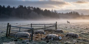 Winterliche Weide mit gerissenen Schafen vor beschädigtem Zaun am Waldrand als Symbol für Wolfsriss Siegerland