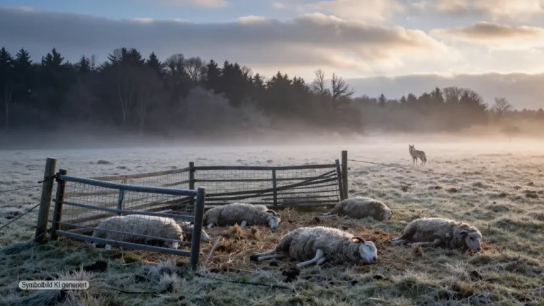 Winterliche Weide mit gerissenen Schafen vor beschädigtem Zaun am Waldrand als Symbol für Wolfsriss Siegerland