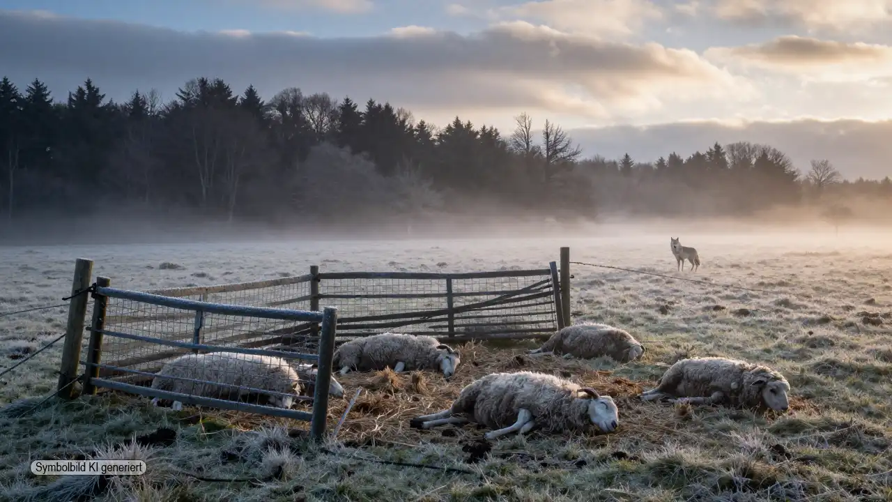 Winterliche Weide mit gerissenen Schafen vor beschädigtem Zaun am Waldrand als Symbol für Wolfsriss Siegerland