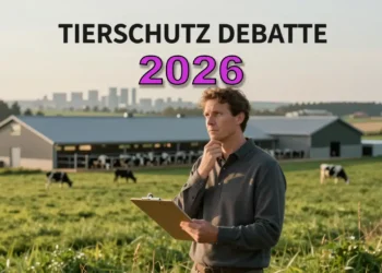 2026 neues Jahr – und alte Konflikte im Tierschutz 24 Fotorealistisches Titelbild zur Tierschutz Debatte mit moderner Tierhaltung, ländlicher Landschaft und nachdenklicher Person als Symbol für Verantwortung und Recht.