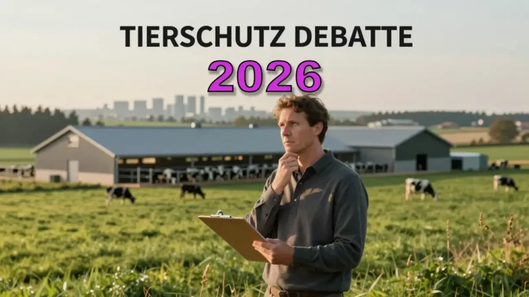 Fotorealistisches Titelbild zur Tierschutz Debatte mit moderner Tierhaltung, ländlicher Landschaft und nachdenklicher Person als Symbol für Verantwortung und Recht.