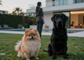 Zwei junge Hunde sitzen im Garten einer luxuriösen Villa bei Abendlicht, im Hintergrund eine erwachsene Person, symbolisch für die PETA Kritik Kardashians an Verantwortung und Haustierhaltung
