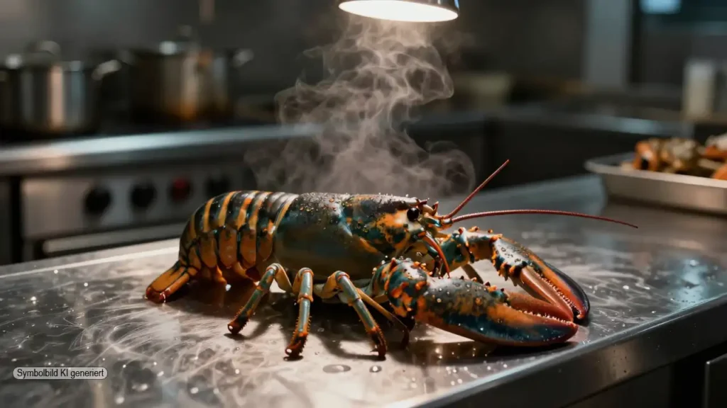 Ein lebender Hummer liegt auf einer Edelstahlfläche in einer Restaurantküche und steht sinnbildlich für das Live Boiling Verbot in England
