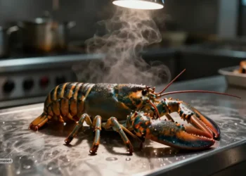 Ein lebender Hummer liegt auf einer Edelstahlfläche in einer Restaurantküche und steht sinnbildlich für das Live Boiling Verbot in England