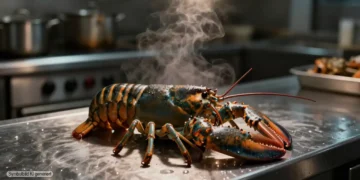 Ein lebender Hummer liegt auf einer Edelstahlfläche in einer Restaurantküche und steht sinnbildlich für das Live Boiling Verbot in England
