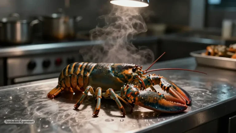 Ein lebender Hummer liegt auf einer Edelstahlfläche in einer Restaurantküche und steht sinnbildlich für das Live Boiling Verbot in England
