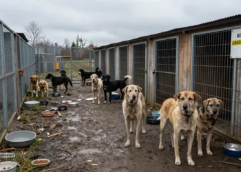 Verwahrloste Hunde hinter provisorischen Zwingern in einer überfüllten Hundepension verdeutlichen das Behördenversagen Hundepension