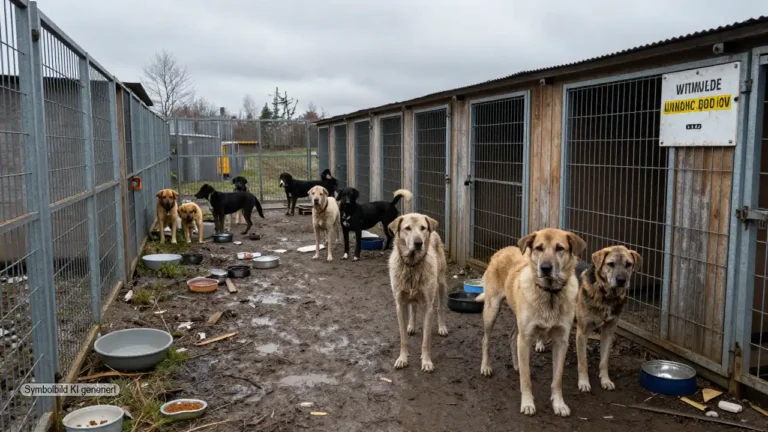 Verwahrloste Hunde hinter provisorischen Zwingern in einer überfüllten Hundepension verdeutlichen das Behördenversagen Hundepension