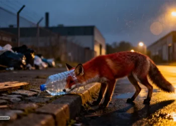 Ein Fuchs läuft am Rand einer städtischen Straße im Dämmerlicht mit einer über der Schnauze steckenden Plastikflasche und verdeutlicht die Gefahr durch Müll für Wildtiere im Fall Fuchs Plastikflasche