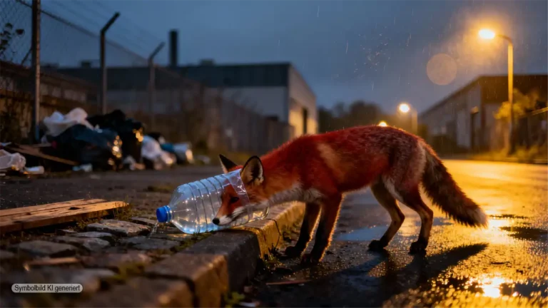 Ein Fuchs läuft am Rand einer städtischen Straße im Dämmerlicht mit einer über der Schnauze steckenden Plastikflasche und verdeutlicht die Gefahr durch Müll für Wildtiere im Fall Fuchs Plastikflasche