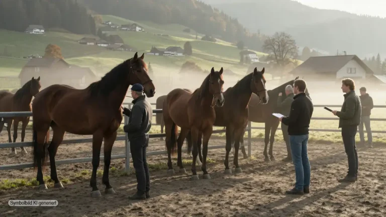 Ramiswil Pferdeversteigerung mit gepflegten Pferden in einem umzäunten Auktionsbereich, Käufer und Behördenvertreter begutachten die Tiere ruhig vor ländlicher Schweizer Kulisse
