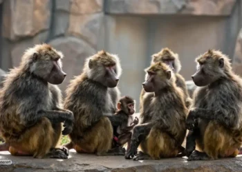 Pavian-Tötung Nürnberg: Nachwuchs, Strafanzeigen und die Frage artgerechter Haltung 41 Guinea-Paviane mit Jungtier in einem naturnahen Zoo-Gehege als Symbol für artgerechte Haltung und die Debatte um Pavian-Tötung Nürnberg