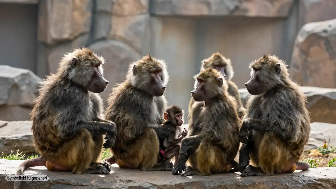 Guinea-Paviane mit Jungtier in einem naturnahen Zoo-Gehege als Symbol für artgerechte Haltung und die Debatte um Pavian-Tötung Nürnberg