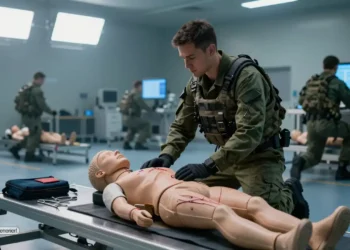 Kampfmediziner trainiert in moderner Militärhalle an realistischem medizinischem Simulator ohne Tiere als visuelle Darstellung vom US-Militär Tierversuche Ende