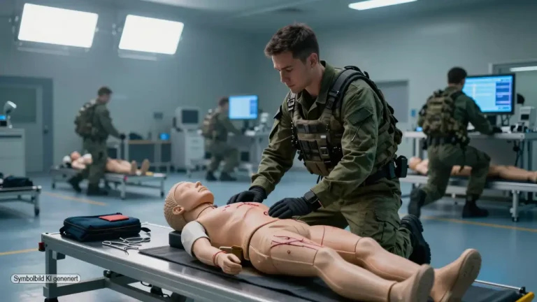 Kampfmediziner trainiert in moderner Militärhalle an realistischem medizinischem Simulator ohne Tiere als visuelle Darstellung vom US-Militär Tierversuche Ende