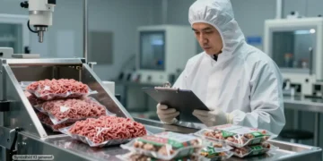 Lebensmittelkontrolleur prüft Fleisch- und pflanzliche Produkte in einer modernen Produktionshalle und macht den PETA Vegan Appell als kritisches Thema rund um Lebensmittelsicherheit sichtbar