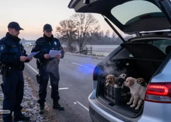 Polizei und Veterinär untersuchen bei einer Grenzkontrolle einen geöffneten Kofferraum mit jungen Welpen als Sinnbild für illegaler Welpenhandel
