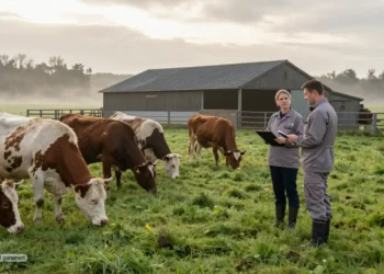 53 Zwei Amtstierärzte kontrollieren ruhig eine Rinderherde auf einer norddeutschen Weide vor einem offenen Stall als Sinnbild für Tierschutz Bauernhöfe