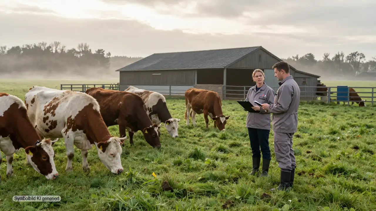 Zwei Amtstierärzte kontrollieren ruhig eine Rinderherde auf einer norddeutschen Weide vor einem offenen Stall als Sinnbild für Tierschutz Bauernhöfe
