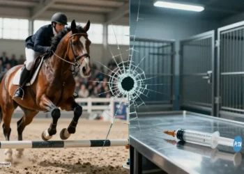 Eine Split-Screen-Darstellung zur PETA Kritik Euthanasie: Links ein Pferd im Reitsport, rechts eine Spritze in einem sterilen Tierheim-Raum.