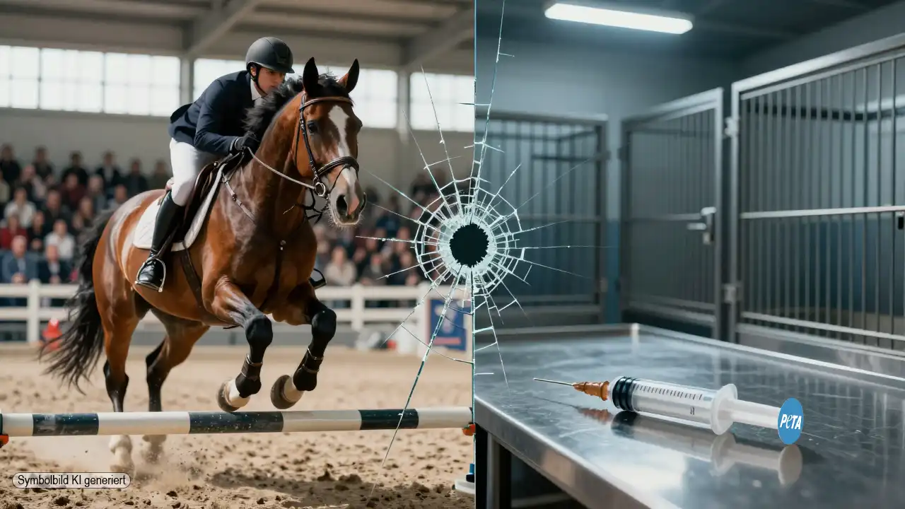 Eine Split-Screen-Darstellung zur PETA Kritik Euthanasie: Links ein Pferd im Reitsport, rechts eine Spritze in einem sterilen Tierheim-Raum.