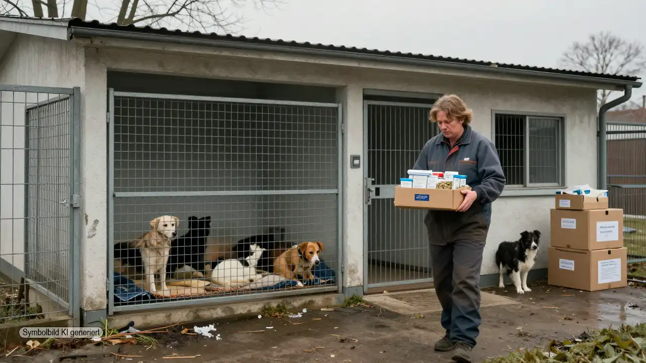 Tierpfleger vor einem Tierheim mit Hunden und Katzen in Gehegen symbolisiert Tierschutz Förderung Sachsen