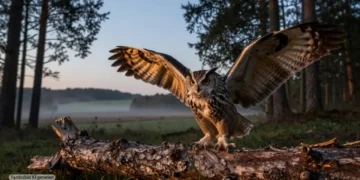 Uhu steht bei Dämmerung mit halb ausgebreiteten Flügeln auf einem Baumstamm am Waldrand und symbolisiert die Uhu Auswilderung Kontroverse zwischen fachlicher Wildtierhilfe und öffentlicher Kritik