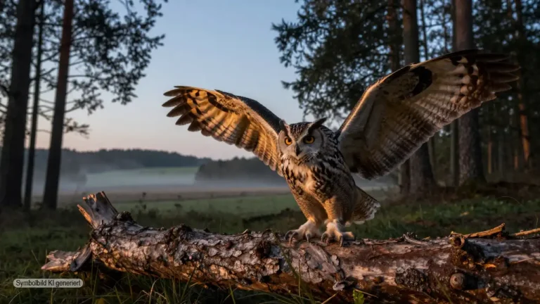 Uhu steht bei Dämmerung mit halb ausgebreiteten Flügeln auf einem Baumstamm am Waldrand und symbolisiert die Uhu Auswilderung Kontroverse zwischen fachlicher Wildtierhilfe und öffentlicher Kritik