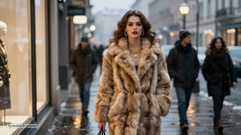 Junge Frau im auffälligen Vintage-Pelzmantel läuft selbstbewusst durch winterliche Innenstadt und symbolisiert den Pelz Comeback Trend