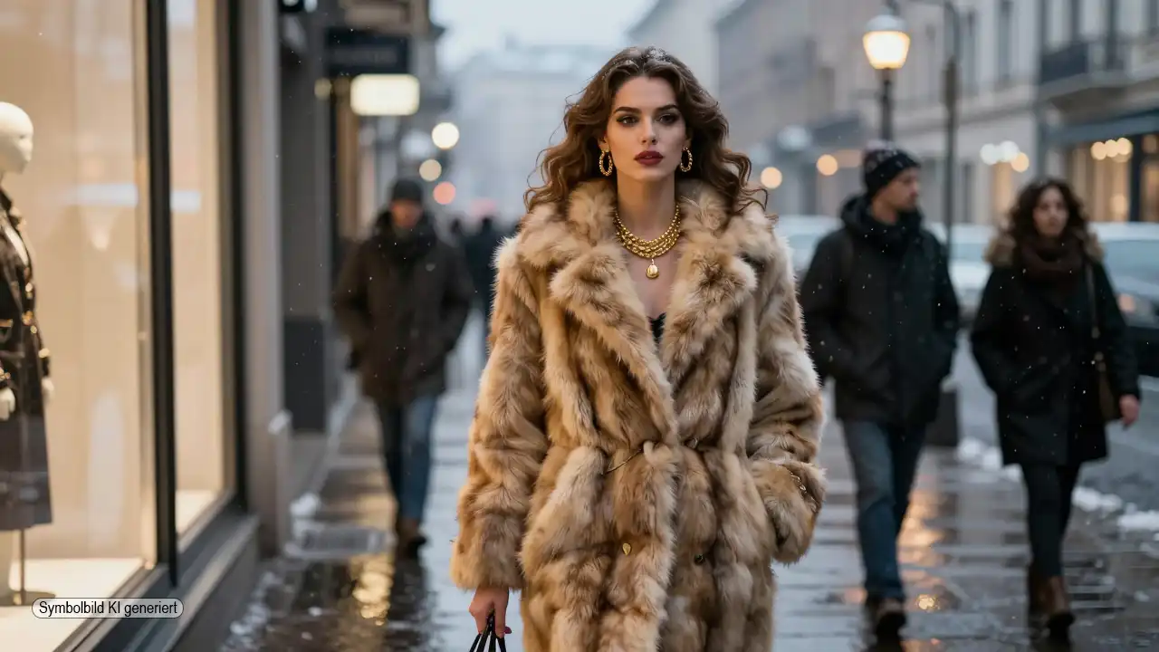 Junge Frau im auffälligen Vintage-Pelzmantel läuft selbstbewusst durch winterliche Innenstadt und symbolisiert den Pelz Comeback Trend