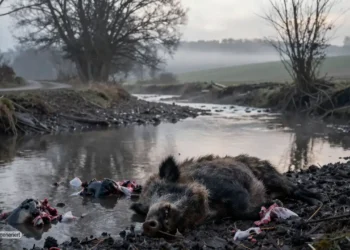 Verlassener Bachlauf in ländlicher Umgebung mit tierischen Jagdresten am Ufer als Symbol für fehlende Jagdethik Verantwortung