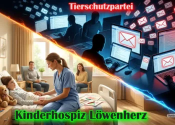 Diagonal geteiltes Bild zeigt Mailbombing Tierschutzpartei mit überfüllten E-Mail-Postfächern und gegenüber ein Kinderhospiz, das todkranken Kindern würdige Begleitung ermöglicht