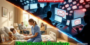 Diagonal geteiltes Bild zeigt Mailbombing Tierschutzpartei mit überfüllten E-Mail-Postfächern und gegenüber ein Kinderhospiz, das todkranken Kindern würdige Begleitung ermöglicht