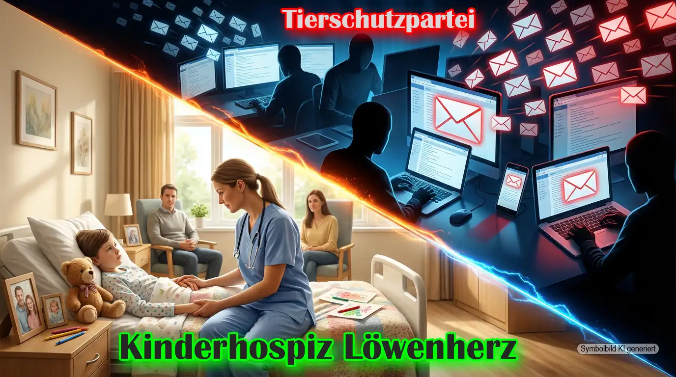 Diagonal geteiltes Bild zeigt Mailbombing Tierschutzpartei mit überfüllten E-Mail-Postfächern und gegenüber ein Kinderhospiz, das todkranken Kindern würdige Begleitung ermöglicht