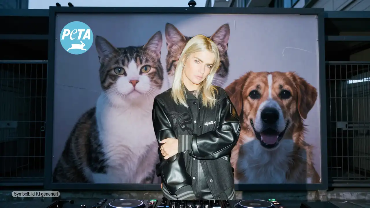 LOVRA steht vor einer Hochglanzkampagne mit Tiermotiven, während im Hintergrund ein dunkles Tierheim mit leeren Käfigen sichtbar wird