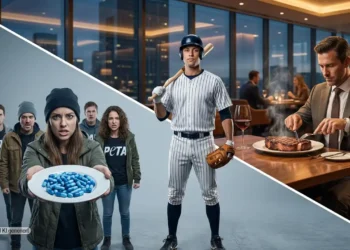 Ein Baseballspieler verlässt am Abend ruhig ein beleuchtetes Steakhaus, während gegenüber auf der Straße laut gestikulierende Aktivisten stehen, Sinnbild für den PETA PR-Stunt